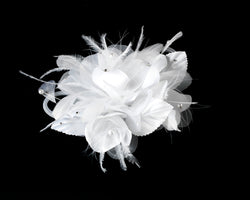 Bridal Flower Headpiece with Crystals & Feathers Clip - White or Ivory