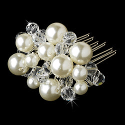 Beautiful Silver Clear Crystal & Ivory Pearl Hair Comb