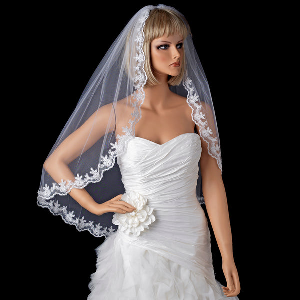 Crystal Ivory Lace Applique Wedding Veil with French Net Birdcage Blusher &  Scattered Crystal Edge