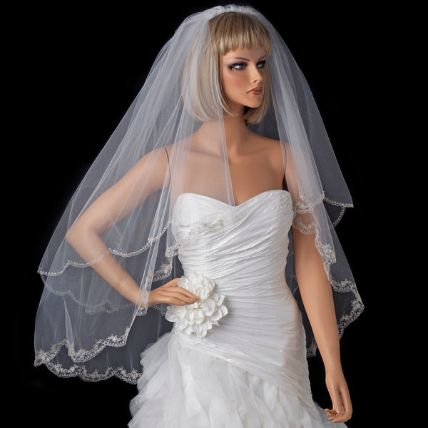 Wholesale Double Layer Bridal Veil Waltz Fingertip Length Embroidered  Flower Edge