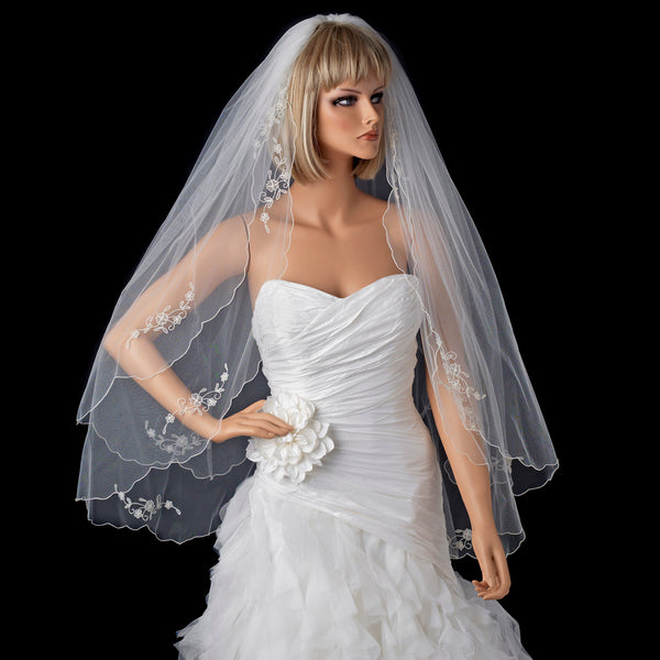 Beaded Floral Cathedral Veil wtih Scallop Edge