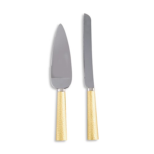 Gold-tone Hammered Handle Knife and Server Set with Stainless Steel Blades