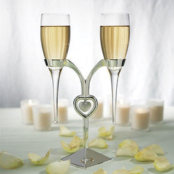 Personalized Wedding Glass Flutes With Silver Heart Stand
