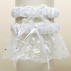 Embroidered Wedding Garter Sets with Scattered Crystals - White