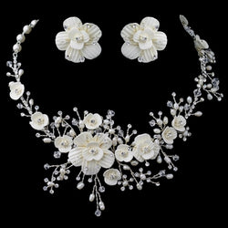 Beautiful Crystal, Porcelain & Pearl Bridal Jewelry Set - Silver/White or Gold/Ivory
