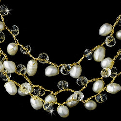 Silk White Pearl Clear Crystal Necklace - Gold or Silver