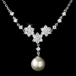Gorgeous Silver Clear Rhinestone & Ivory Pearl Flower Necklace