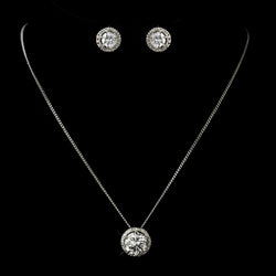 Antique Silver Clear Round CZ Crystal Necklace & Earrings Bridal Jewelry Set