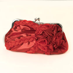 Red Braided Ruffle Floral Rhinestone Evening Bag with Silver Frame & Shoulder Strap