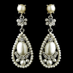 Antique Silver Clear Rhinestone & Diamond White Pearl Bridal Earrings