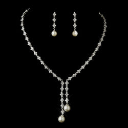 Antique Silver Ivory Pearl & Clear CZ Crystal Double Drop Necklace & Earrings Bridal Jewelry Set