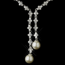 Antique Silver Ivory Pearl & Clear CZ Crystal Double Drop Necklace & Earrings Bridal Jewelry Set