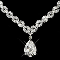 Antique Silver Clear CZ Tear Drop Stone Necklace & Earrings Bridal Jewelry Set