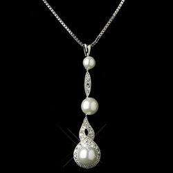 Antique Silver Diamond White Drop Pearl & Clear Rhinestone Necklace & Bridal Jewelry Set