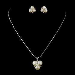 Antique Silver Diamond White Freshwater Pearl Pendant Necklace & Earrings Bridal Jewelry Set