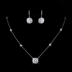 Antique Silver Clear Princess Cut CZ Necklace & Earrings