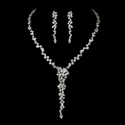Antique Silver Clear Multi Cut CZ Stone Necklace & Earrings