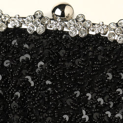 Black Sequin Evening Bag with Silver Frame & Shoulder Strap