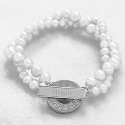 Personalized Pearl Bracelet with Rhinestone Toggle - White