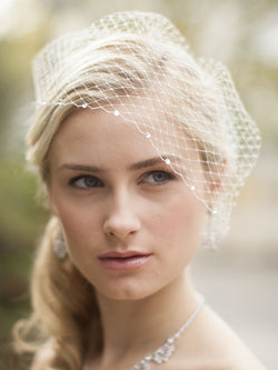 French Net Bridal Birdcage Visor Veil with Swarovski Crystals