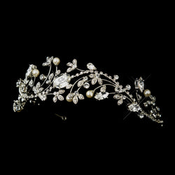 Antique Silver Diamond White Pearl & Marquise Crystal Side Accented Tiara Headband