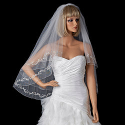 Bridal Wedding Double Layer Fingertip Length Floral Embroidery & Pencil Edge Veil