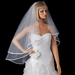 Bridal Wedding Double Layer Fingertip Veil w/Satin Ribbon Edge w/Scattered Flowers & Pearls