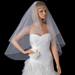 Bridal Wedding Double Layer Fingertip Length Scattered Rhinestones & Pearls Veil