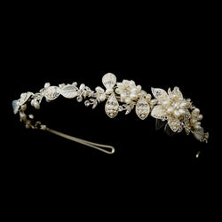 Silver Ivory Pearl & Clear Rhinestone Floral Side Accented Bridal Headband Headpiece