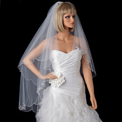 Bridal Wedding Double Layer Fingertip Length w/ Silver Embroidered Edge Veil