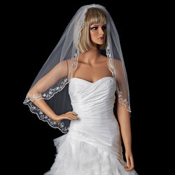 Bridal Wedding Single Layer Fingertip Length Veil with Scalloped Embroidered Edge