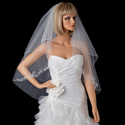 Bridal Wedding Double Layer Fingertip Length with Floral Emboridery Pearl & Bugle Bead Accents Veil