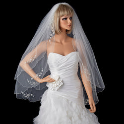 Bridal Wedding Double Layer Floral Applique Fingertip Scalloped Edge Veil