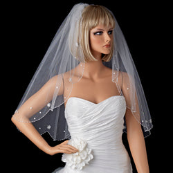 Bridal Wedding Double Layer Pearls & Bugle Beads Floral Edge Veil