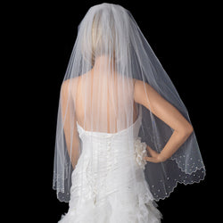 Single Tier Fingertip Length Rhinestone Pearl Veil with Scolloped Pencil Edge