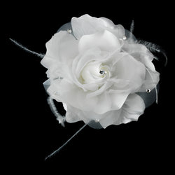 Lovely White Flower Hair Clip w/ Feathers & Clear Rhinestones