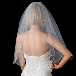 Bridal Wedding Double Layer Elbow Length Scalloped Edge w/ Pearls & Beads Veil