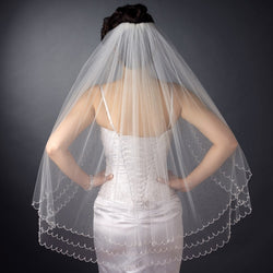 Bridal Wedding Double Layer Elbow Length Veil w/ Scalloped Beaded Edge