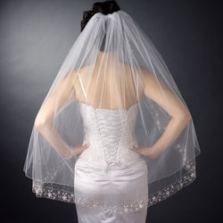 Bridal Wedding Double Layer Fingertip Length Veil white Silver Floral Embroidered Scalloped Pencil Edge