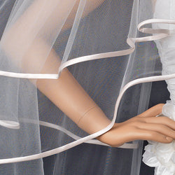 Bridal Wedding Double Layer Fingertip Length Ribbon Edge Veil