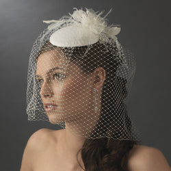 Vintage White or Ivory Bridal Hat w/ Bird Cage Face Veil & Flower Adornment