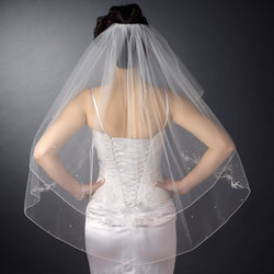 Bridal Wedding Double Layer Fingertip Length with Floral Emboridery Pearl & Bugle Bead Accents Veil