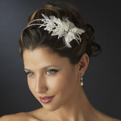 Antique Silver Ivory Pearl & Clear Rhinestone Floral Feather Fabric Side Accented Bridal Feather Headband Headpiece