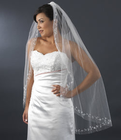 Bridal Wedding Single Layer Fingertip Length Crystals & Silver Vine Embroidery