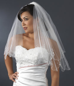 Bridal Wedding Double Layer Elbow Length Scalloped Edge w/ Pearls & Beads Veil