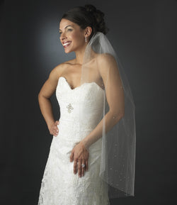 Bridal Wedding Single Layer Fingertip Length, Tiny Rhinestones Cut Edge Veil