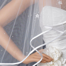 Bridal Wedding Double Layer Fingertip Veil w/Satin Ribbon Edge w/Scattered Flowers & Pearls