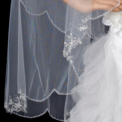 Bridal Wedding Double Layer Fingertip Length w/ Silver Embroidered Edge Veil