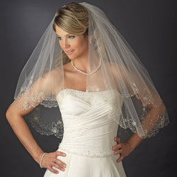 Bridal Wedding Double Layer Fingertip Length Beaded & Embroidered Edge Veil