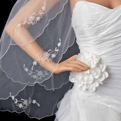 Bridal Wedding Double Layer Floral Applique Fingertip Scalloped Edge Veil